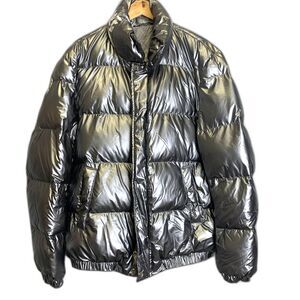 MACEOO‎ + Gold Strike Mens Puffer Jacket Silver Metallic Shiny Spellout XL